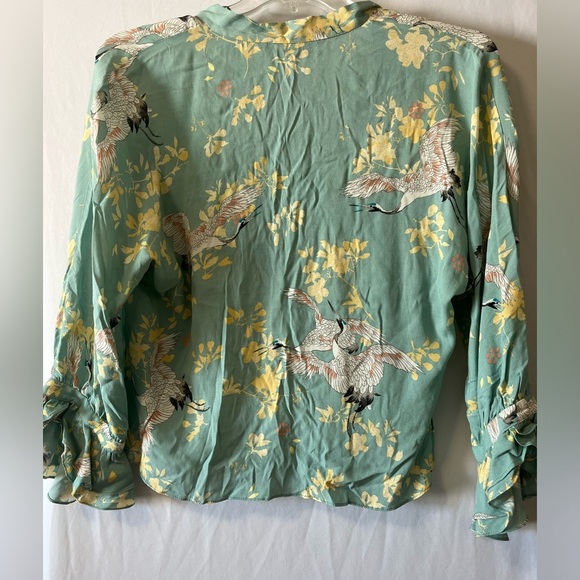 Zara Women’s Japanese Crane Print Long sleeve Sea green Size Medium Blouse - Picture 2 of 8